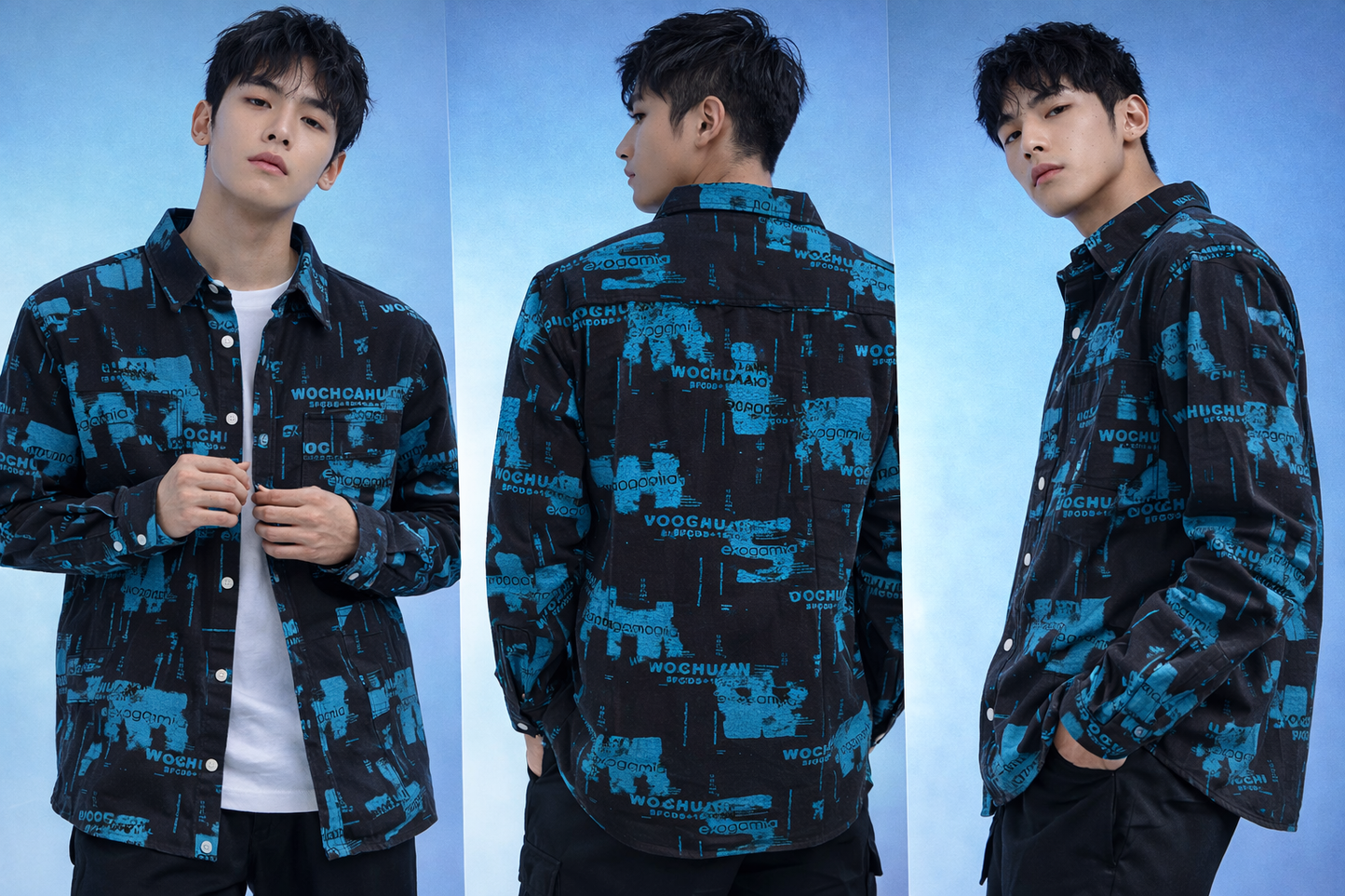Black & Teal Graphic Print Denim Shirt