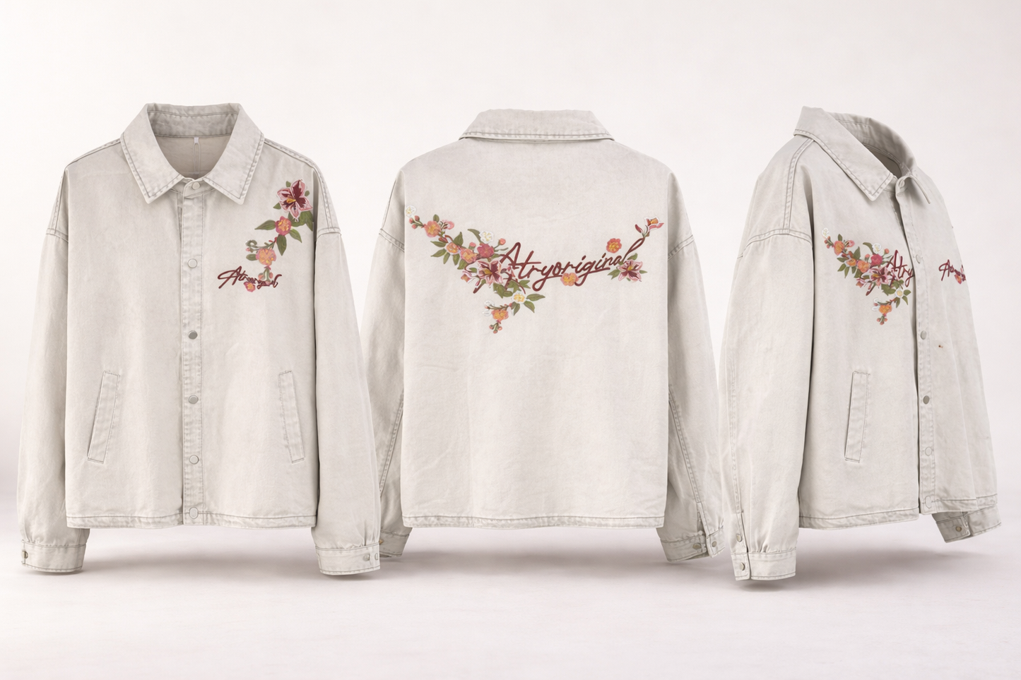 Floral Embroidered Denim Baggy Shirt – Off-White