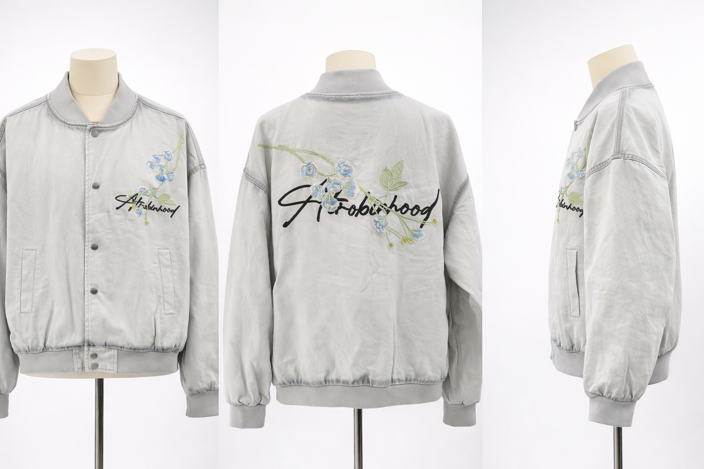 Embroidered Floral Bomber Baggy Shirt– Grey