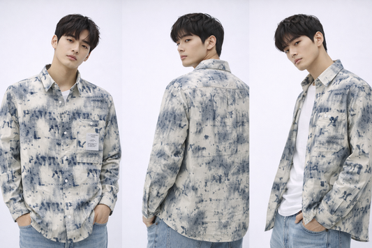 Abstract Wash Printed Full-Sleeve Denim Shirt