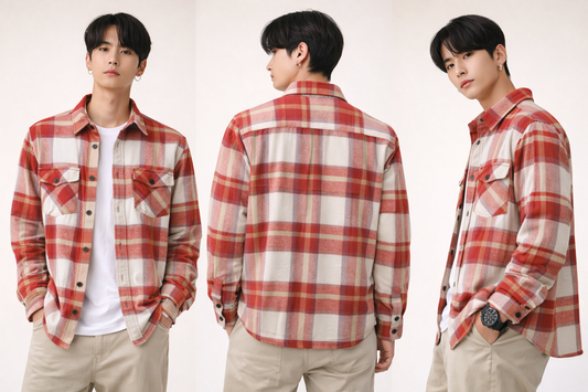 Red & Cream Plaid Flannel Shirt