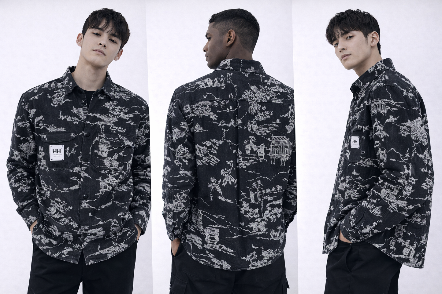 Abstract Printed Denim Overshirt – White Black Mix