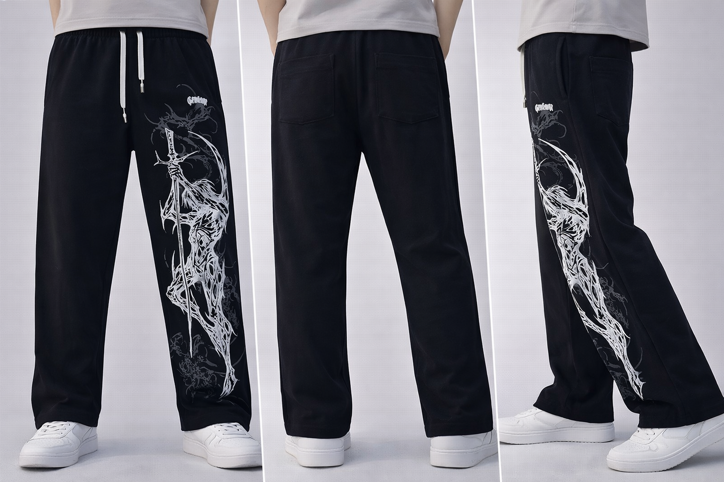 Graphic Print Cotton Trackpants – Black