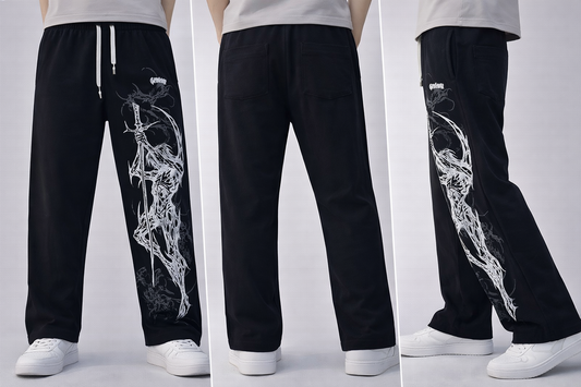Graphic Print Cotton Trackpants – Black