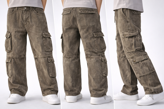 Washed Denim Cargo Pants – Baggy Fit