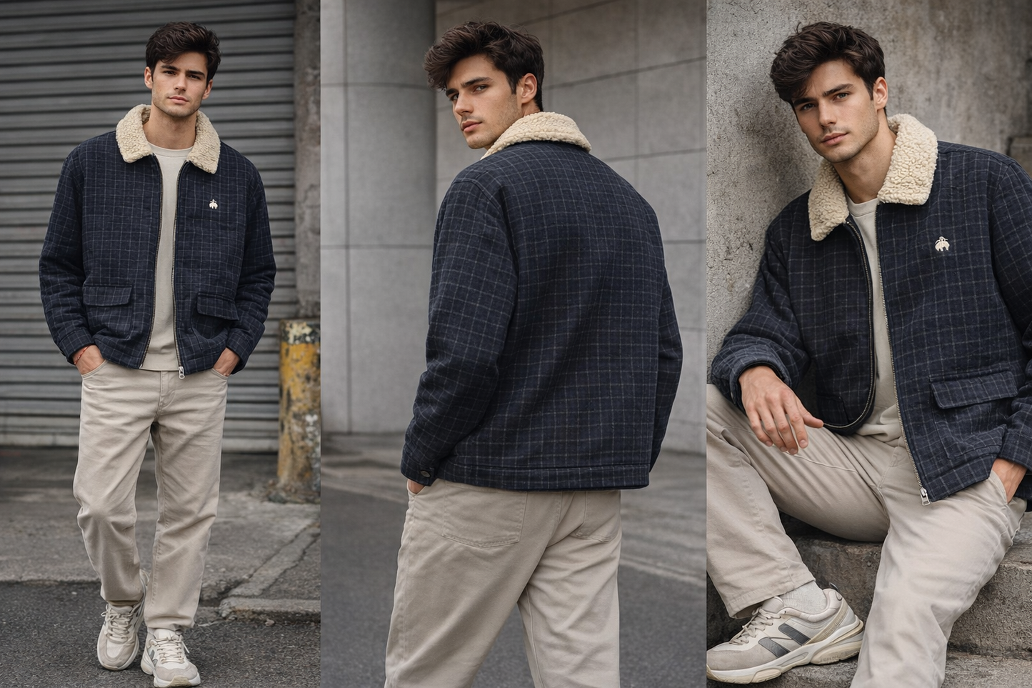 Plaid Sherpa Collar Jacket – Navy Blue